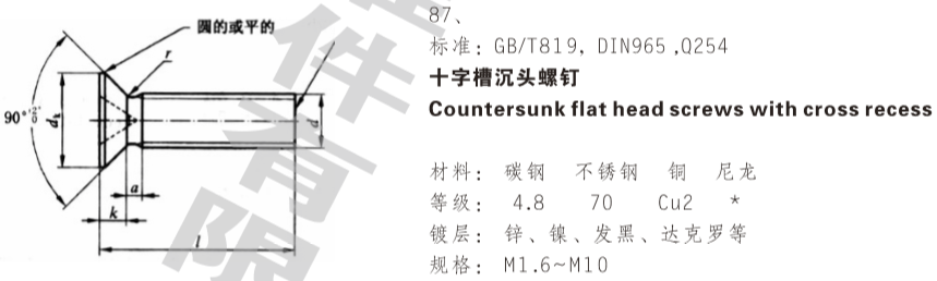 十字槽沉头螺钉 十字槽沉头螺钉